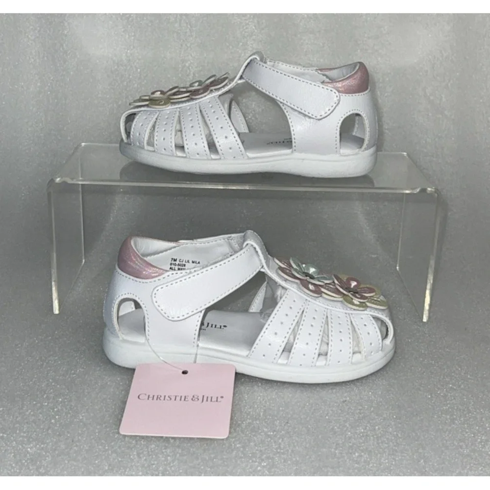Christie & Jill Sandals Lil Mila White & Pink Flowers Little Girls‎ Size 7M New